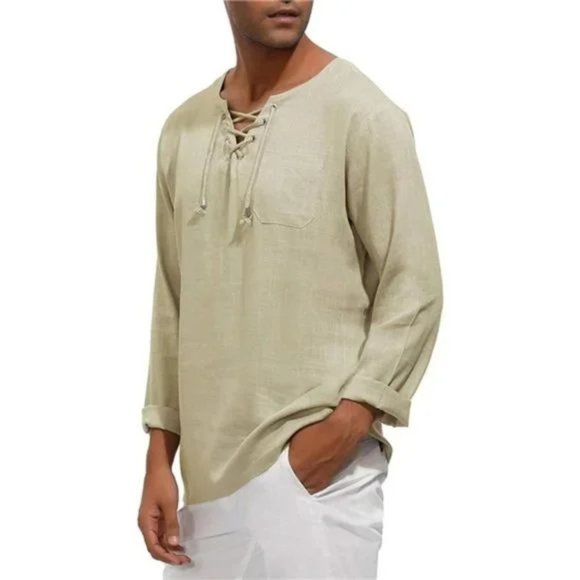 New Men's Long Sleeve Linen Tee, Kaki - Picture 3 of 8